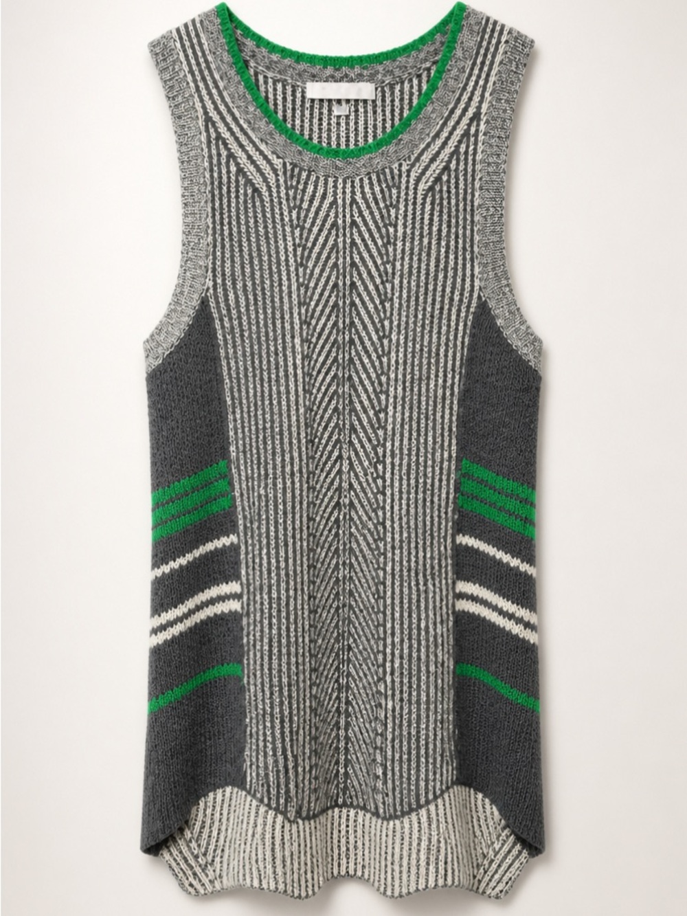 NWT CAbi Gray Sleeveless Knit Top with Green Stripe Trim - S
